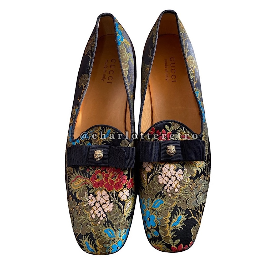 Gucci • Tiger Head Lurex Floral Loafers